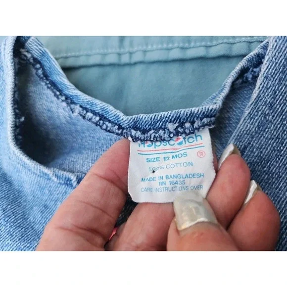 Vintage Hopscotch Girl's 12m Denim Overalls Lace Pink Buttons Ruffles Snap 90s - Picture 2 of 4